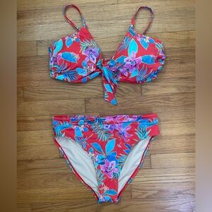 SWIMSUITS FOR ALL RED TROPICAL FLORAL BIKINI TOP BOTTOM SIZE 16 New with tags